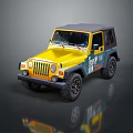 Yellow Jeep Convertible with Black Top and Off Road Wheels Graphics