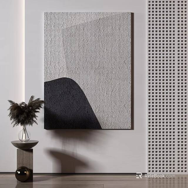Modern Decorative Wall Art With Gray Black Geometric Patterns And Feathery Plant Vase 3d model 