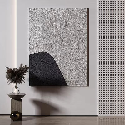 Modern Decorative Wall Art With Gray Black Geometric Patterns And Feathery Plant Vase 3d model