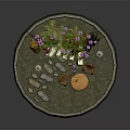 Cartoon Scene With Vine Covered Archway Purple Flowers Table Chairs And Little Figures On Round Platform
