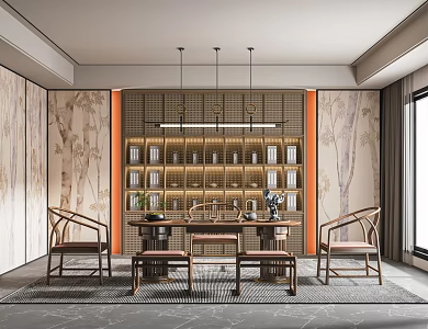 New Chinese Style Tea Room Zen Style Tea Room Tea Table and Chair Tea Cabinet Storage Rack Decorative Cabinet Tea Table Tea Chair Tea Stool 3d model