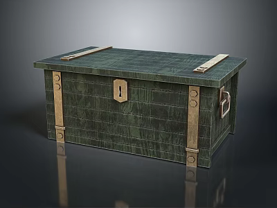 Green Wooden Chest Furniture With Brass Metal Straps Lock And Handle 3d model