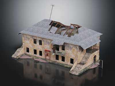Dilapidated Building Featuring Gray Broken Roof Yellow Walls Red Door Windows Stairs And Small Balcony 3d model