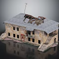 Dilapidated Building Featuring Gray Broken Roof Yellow Walls Red Door Windows Stairs And Small Balcony