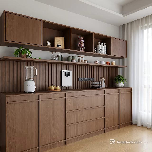 Modern Walnut Wood Sideboard With Open Display Shelves And Ample Storage For Cozy Dining Spaces 3d model 