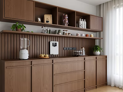 Modern Walnut Wood Sideboard With Open Display Shelves And Ample Storage For Cozy Dining Spaces 3d model