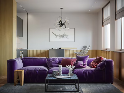 Modern Living Dining Room Interior With Purple Sofa Chandelier Coffee Table And Wooden Accents 3d model