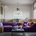 Modern Living Dining Room Interior With Purple Sofa Chandelier Coffee Table And Wooden Accents
