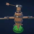 Cartoon Scarecrow Target Scene With Wooden Barrel Body Metal Rings Red Bullseye And Spear Arms