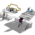 Bicycle Parking Area With Blue Bicycle Rack And People Resting On Bench