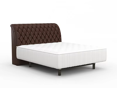 Double Bed With Brown Tufted Headboard And White Mattress On Metal Legs 3d model