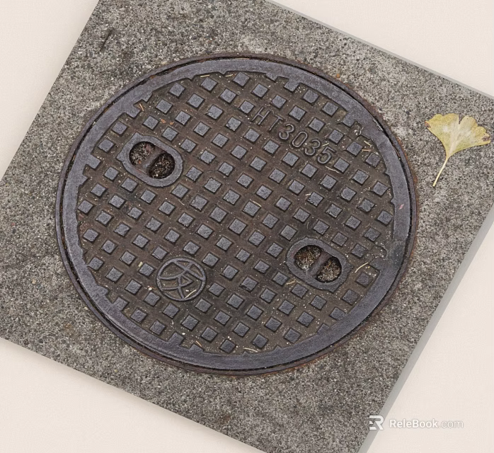 Detailed Round Manhole Cover With Grid Pattern On Gray Pavement With Ginkgo Leaf 3d model 