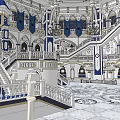 Religious Faith Interior With Grand Chandelier Two Story Design Blue Banners And Arched Windows