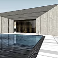 Modern Entrance Gate With Concrete Walls Pool And Metal Grille Greenery