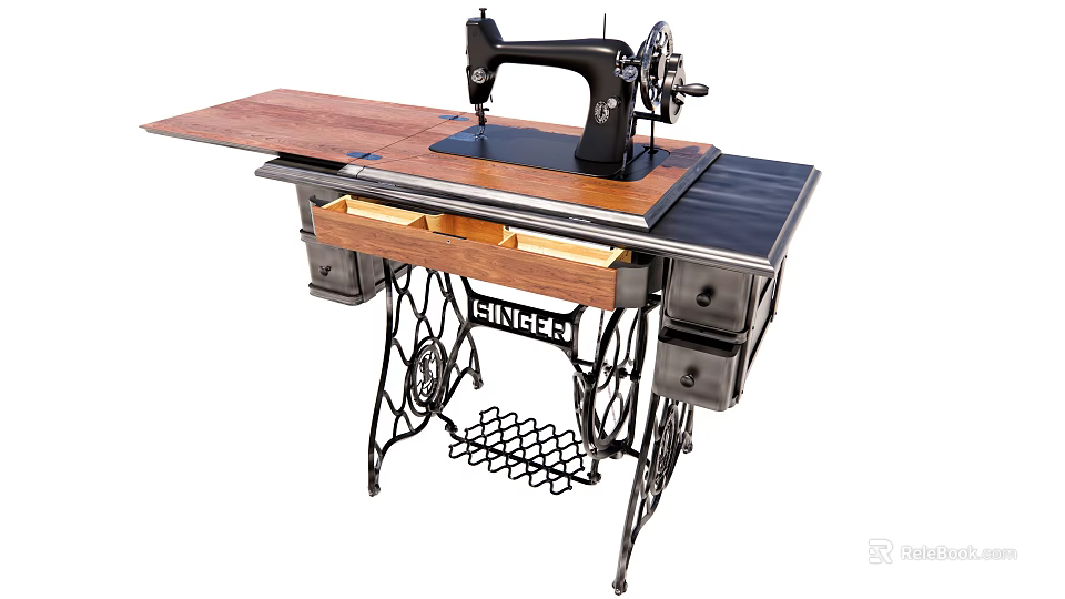 Vintage Sewing Machine Table With Wooden Top Drawers And Metal Legs 3d model 