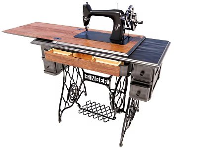 Vintage Sewing Machine Table With Wooden Top Drawers And Metal Legs 3d model