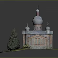 Cartoon Scene Of Church With Red Brick Walls Silver Domes Tower Green Trees And Grass