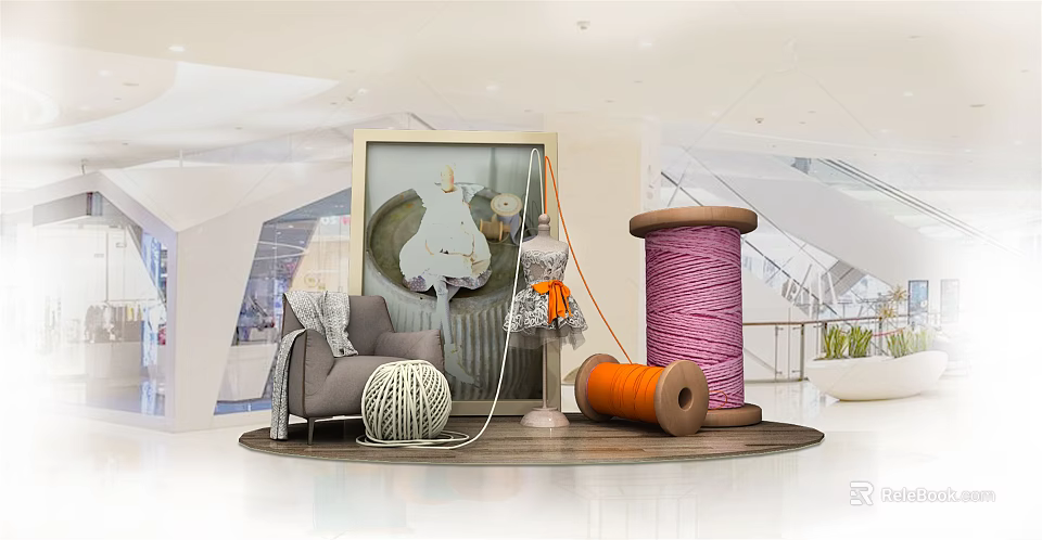 Modern Interior Display With Large Colored Yarn Spools Gray Chair And Artwork 3d model 