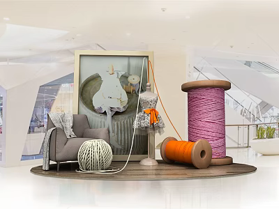 Modern Interior Display With Large Colored Yarn Spools Gray Chair And Artwork 3d model