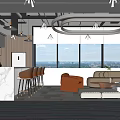 Modern Open Office Interior Design With Large Window View Sofa Area And Marble Counter 3d model