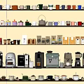 Organized Kitchen Shelves With Colorful Cups Coffee Makers Jars And Tea Sets