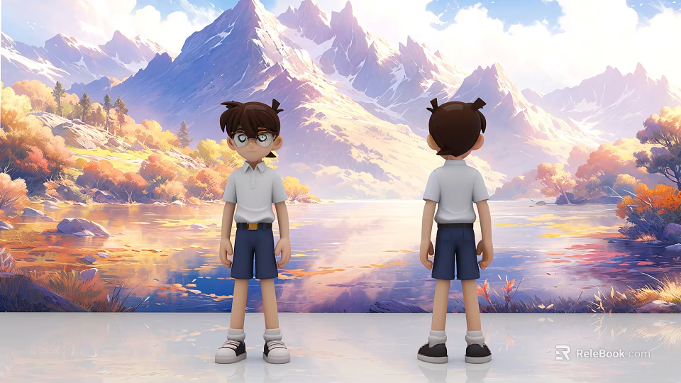 Two Game and Movie Characters Standing Back to Back with Mountain Lake and Autumn Trees 3d model 