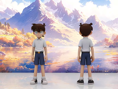 Two Game and Movie Characters Standing Back to Back with Mountain Lake and Autumn Trees 3d model