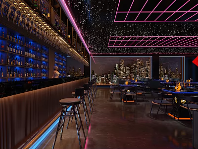 Modern Bar Interior With Neon Decor City Skyline View And Blue Lighting 3d model