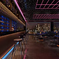 Modern Bar Interior With Neon Decor City Skyline View And Blue Lighting