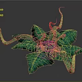Mystical Fantasy Plant Creature With Spotted Green Leaves Curved Yellow Tentacles And Red Gold Center
