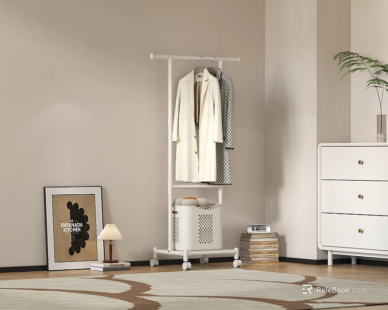 Modern Floor Standing Clothes Rack With Hanging Coat Framed Picture And Table Lamp On Rug 3d model 