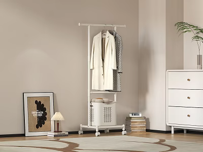 Modern Floor Standing Clothes Rack With Hanging Coat Framed Picture And Table Lamp On Rug 3d model