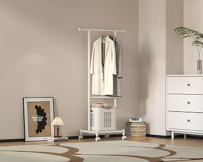 Modern Floor Standing Clothes Rack With Hanging Coat Framed Picture And Table Lamp On Rug 3d model