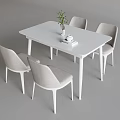 Modern Dining Table Set With White Rectangular Surface Four Gray Chairs Potted Plant Cup Book