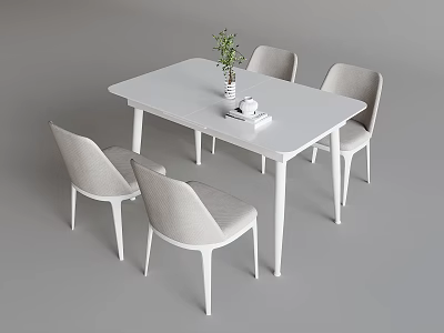 Modern Dining Table Set With White Rectangular Surface Four Gray Chairs Potted Plant Cup Book 3d model