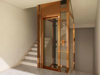 Modern Elevator with Glass Door and Brass Frame in Interior Space Alongside Staircase 3d model