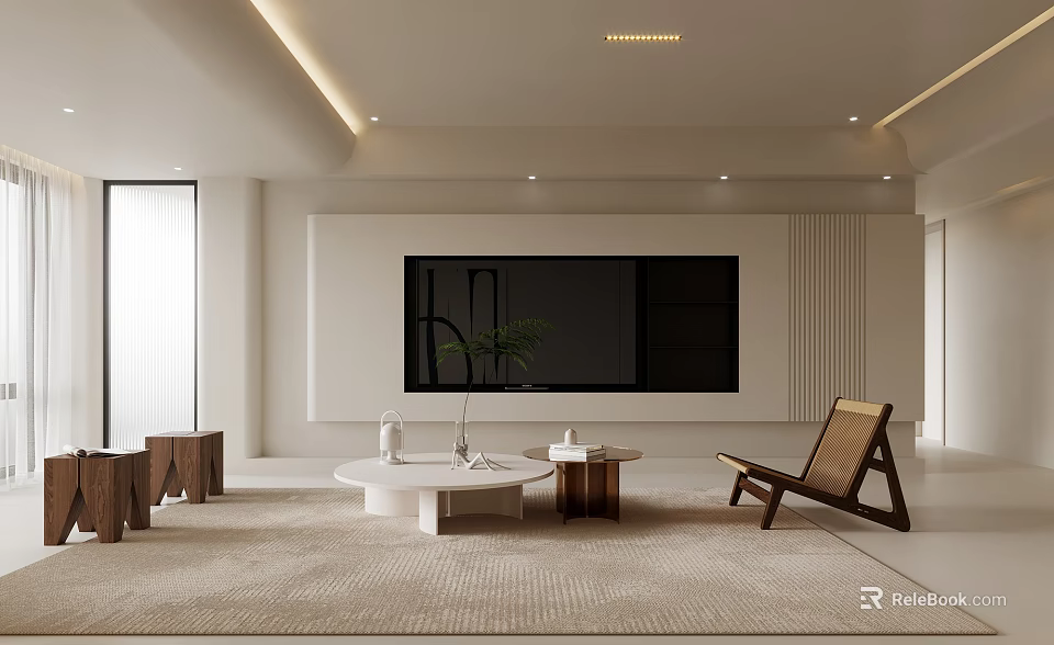 Modern Living Room Interior Design With Large TV Coffee Table Light Rug And Wooden Chair 3d model 