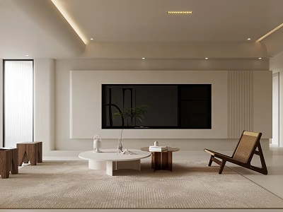 Modern Living Room Interior Design With Large TV Coffee Table Light Rug And Wooden Chair 3d model