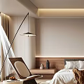 Modern Bedroom Interior With Wooden Headboard Artwork And Floor Lamp