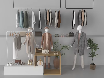Clothes Hangers Display with Hanging Garments Mannequins Shoes Bags and Decorative Plant 3d model