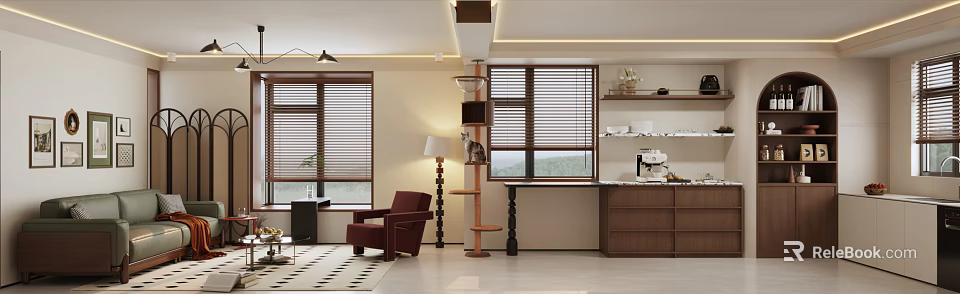 Warm Mid Century Living Dining Room Interior Design With Cat Tree And Comfortable Lounge Chair 3d model 