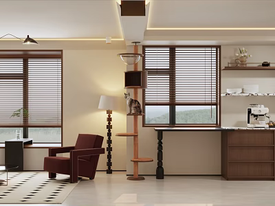 Warm Mid Century Living Dining Room Interior Design With Cat Tree And Comfortable Lounge Chair 3d model