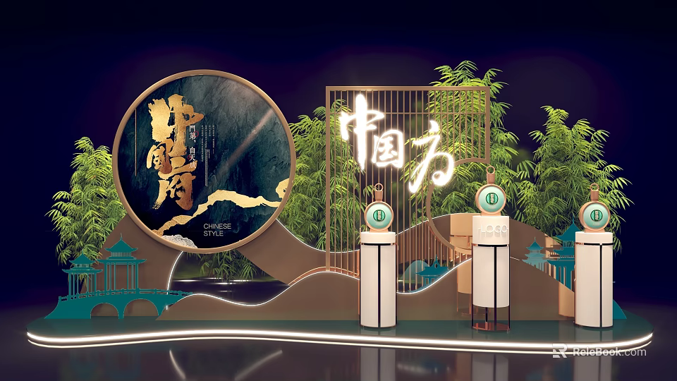 Traditional Chinese Style Commercial Equipment Display with Green Plants and Decorative Stands 3d model 