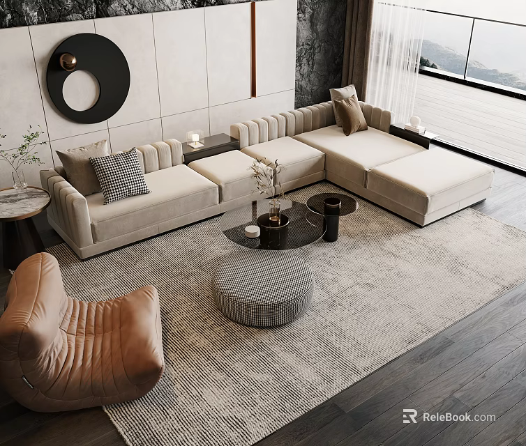 Modern Beige Sofa Coffee Table Set With Nested Round Tables Gray Rug And Leather Chair 3d model 