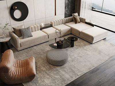 Modern Beige Sofa Coffee Table Set With Nested Round Tables Gray Rug And Leather Chair 3d model