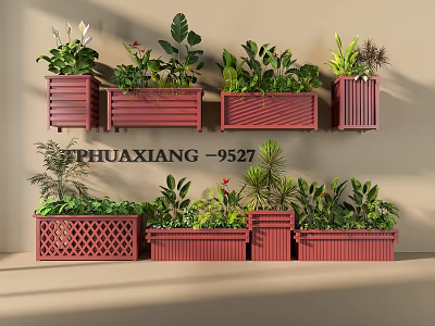 Red Flower Boxes With Wall Mounted And Floor Standing Green Plants 3d model
