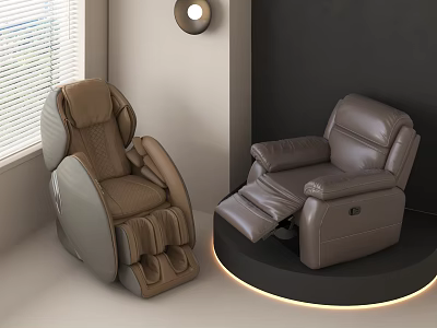Two Stylish Massage Chairs Brown Quilted And Gray Leather In Modern Room With Window And Ambient Lighting 3d model