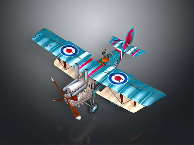 Detailed Vintage Blue Biplane Model With Roundel Markings Propeller And Wheels For Space Exploration 3d model