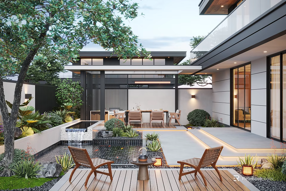 Modern Japanese Style Courtyard Garden With Water Feature Wooden Deck Outdoor Seating Green Plants Lanterns 3d model 