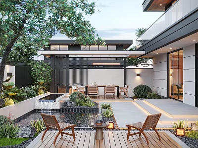 Modern Japanese Style Courtyard Garden With Water Feature Wooden Deck Outdoor Seating Green Plants Lanterns 3d model